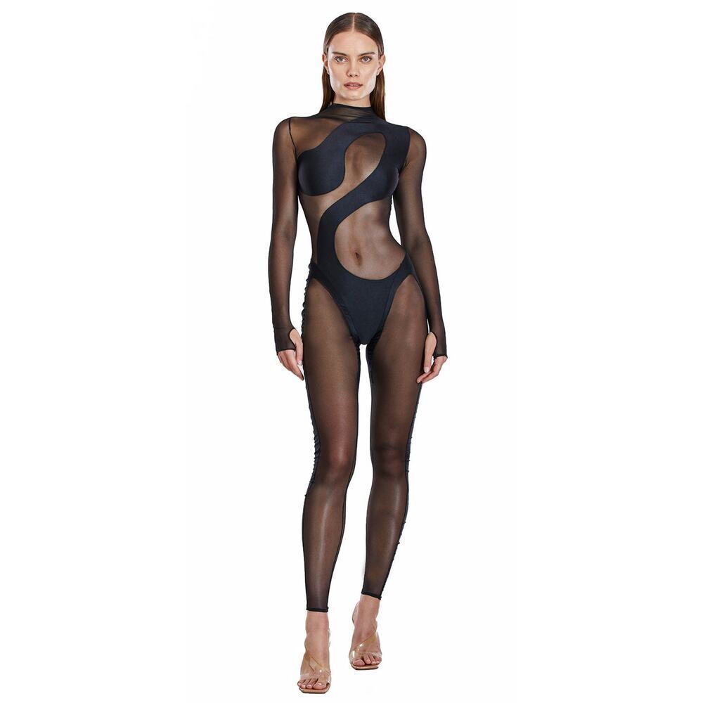 Mother of All Swan Bodysuit Black Mesh Small Long Sleeve